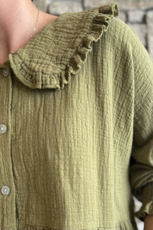 Annie Cushion Cotton Peter Pan Smock Blouse Deep Olive